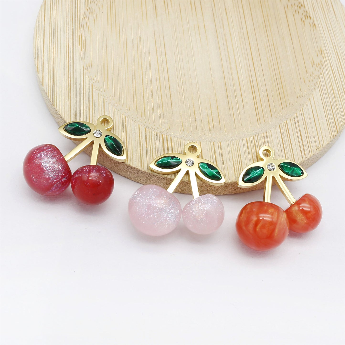 1/3pcs 23*21.5mm Acrylic Cherry Charms with Stainless Steel Leaf 3D Fruit Pendants for Jewelry Necklace Bracelet Earring Making Accessories DIY Crafts Decoration