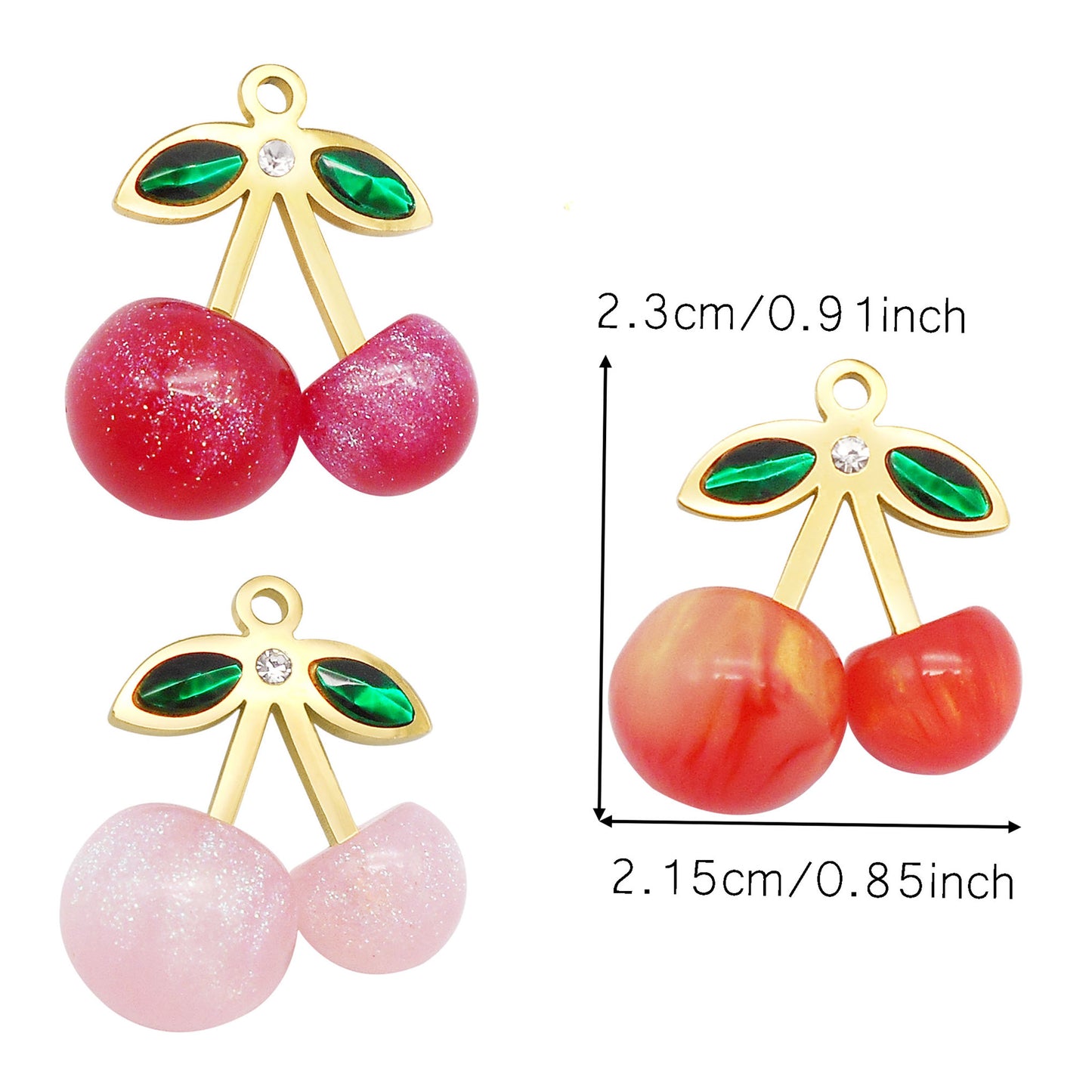 1 Piece 23x21.5mm Acrylic Cherry Charms with Stainless Steel Leaf 3D Fruit Pendants for Jewelry Necklace Bracelet Earring Making Accessories DIY Crafts Decoration