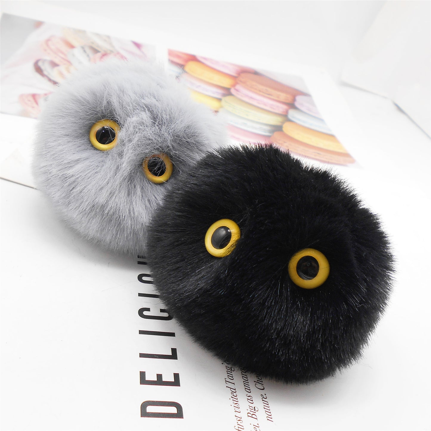 2pcs Handmade Black&Grey Fluffy Ball Charms with Clasps&Eyes Cabochons, Faux Rabbit Fur Pom pom Pendants Keychain Dangle Jewelry Making Supplies Bags Purses Clothes Hanging Decoration