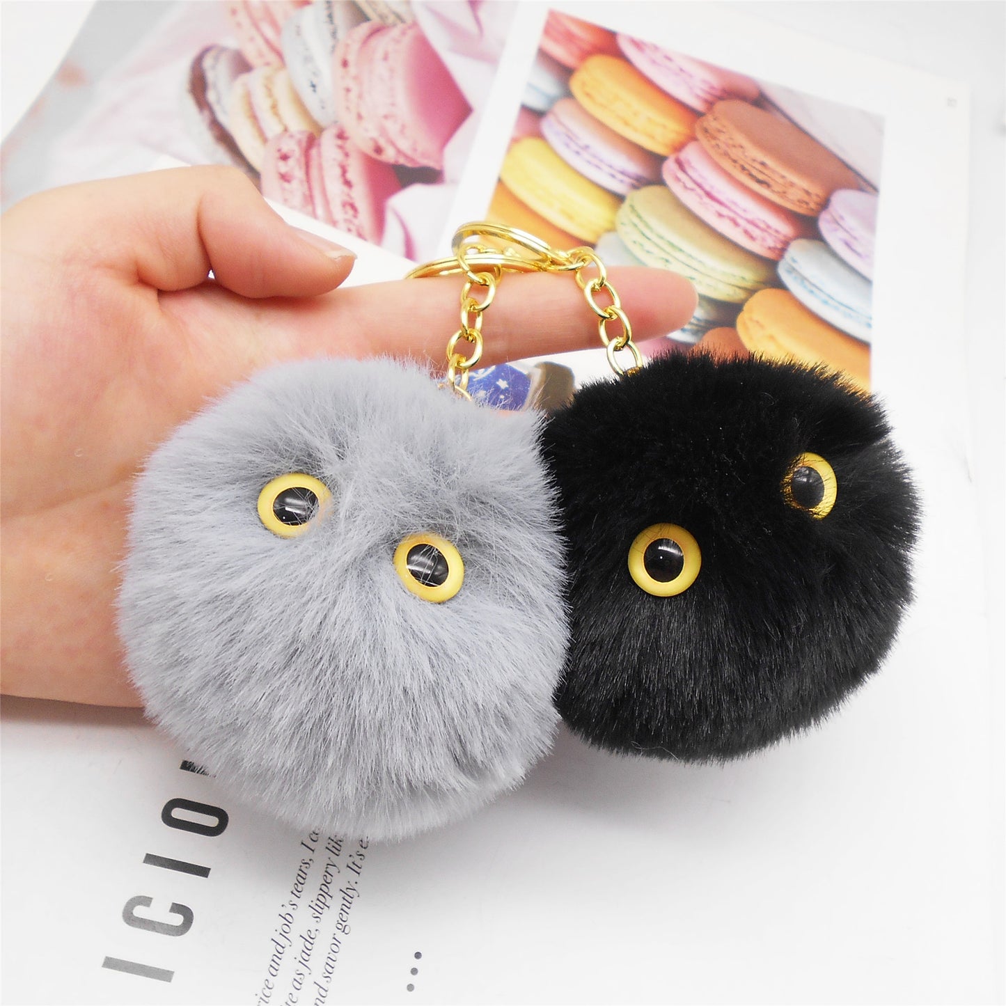 2pcs Handmade Black&Grey Fluffy Ball Charms with Clasps&Eyes Cabochons, Faux Rabbit Fur Pom pom Pendants Keychain Dangle Jewelry Making Supplies Bags Purses Clothes Hanging Decoration