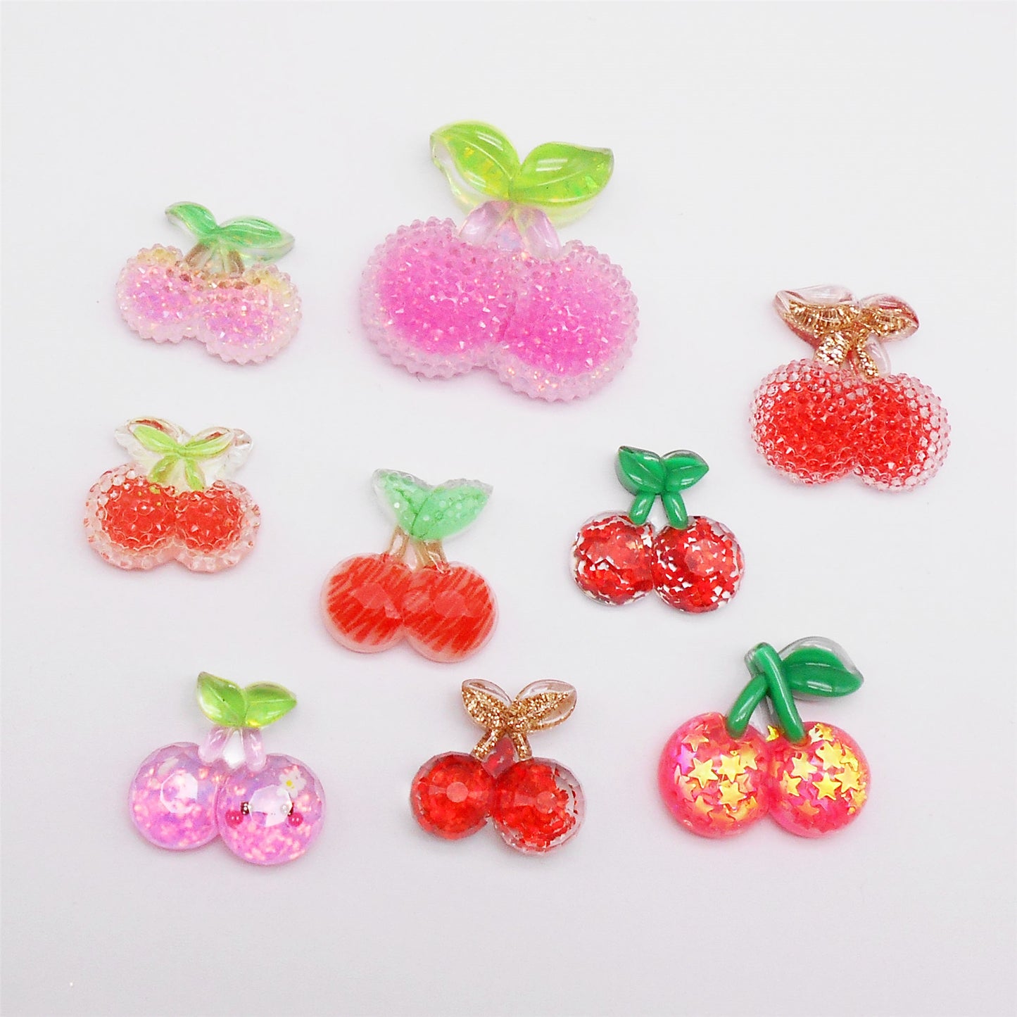 9pcs Sparkling Resin Cherry Cabochons Flat Back 3D Fruit Embellishment for Shoe Charms Making Jewelry Supplies Hair Clip Crafts Decor