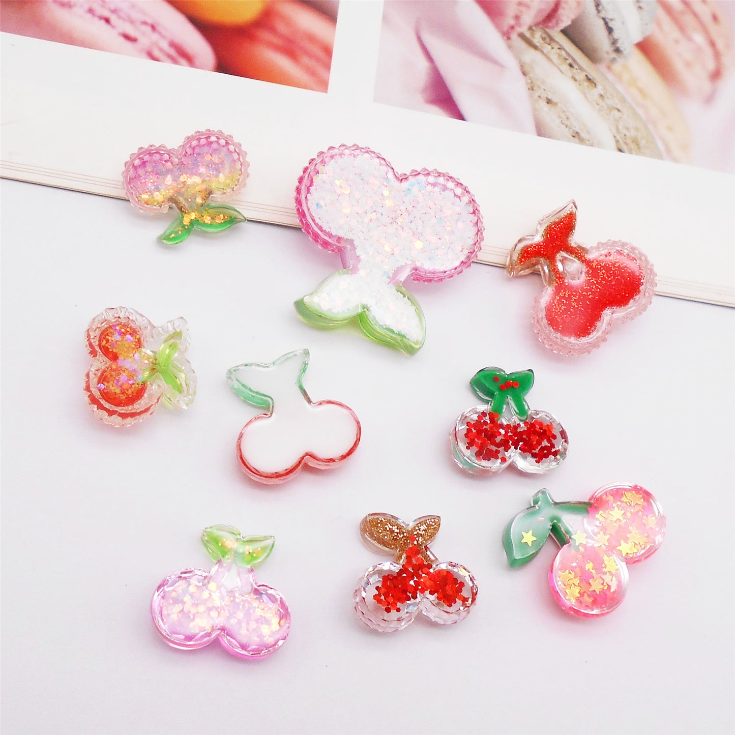 9pcs Sparkling Resin Cherry Cabochons Flat Back 3D Fruit Embellishment for Shoe Charms Making Jewelry Supplies Hair Clip Crafts Decor