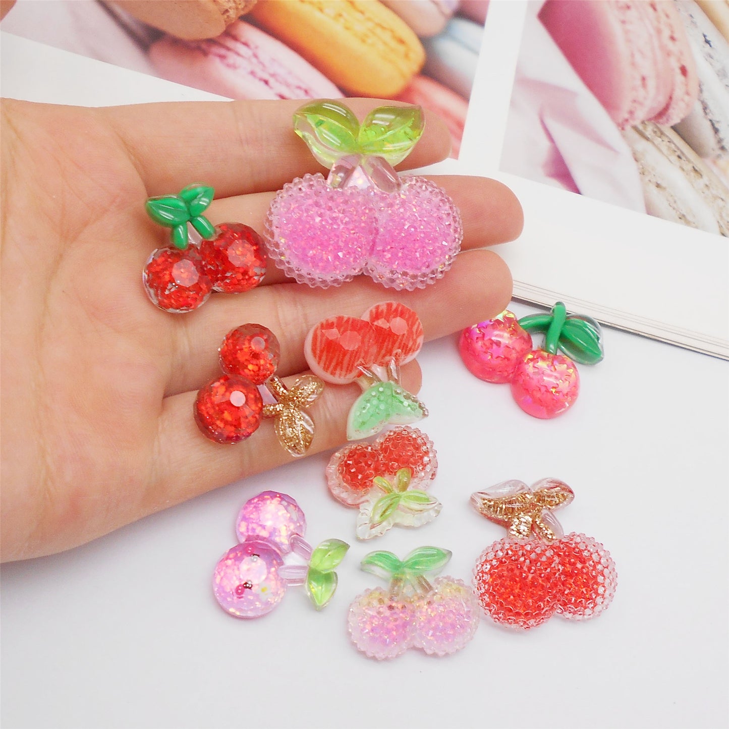 9pcs Sparkling Resin Cherry Cabochons Flat Back 3D Fruit Embellishment for Shoe Charms Making Jewelry Supplies Hair Clip Crafts Decor