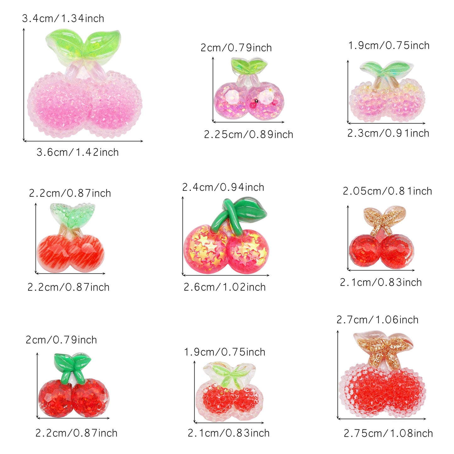 9pcs Sparkling Resin Cherry Cabochons Flat Back 3D Fruit Embellishment for Shoe Charms Making Jewelry Supplies Hair Clip Crafts Decor