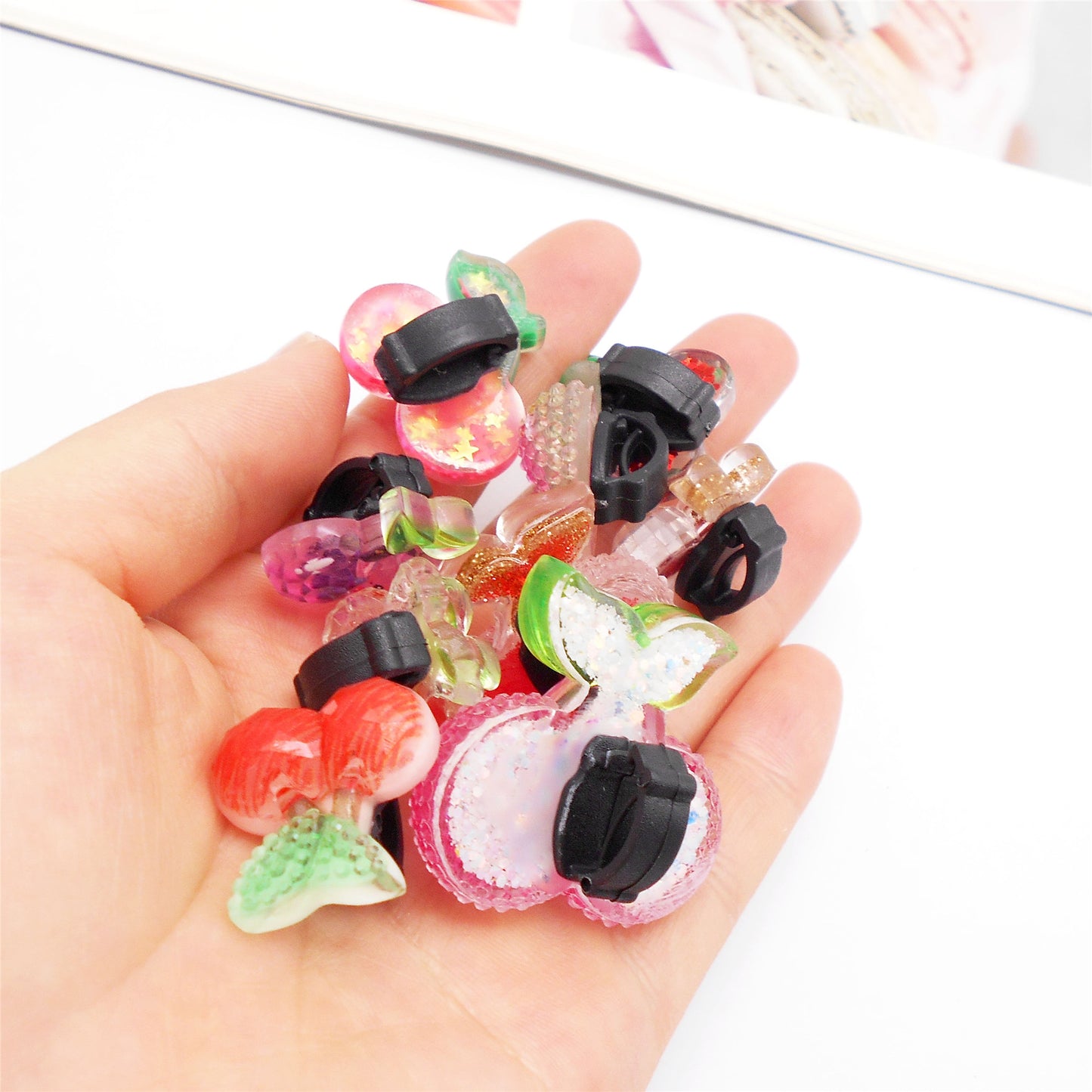 10pcs Sparkling Flat Back Cherry Shoe Charms 3D Resin Fruit Embellished Shoelace Clips Cute Shoe Buckles for Footwear Decor Personality Decoration