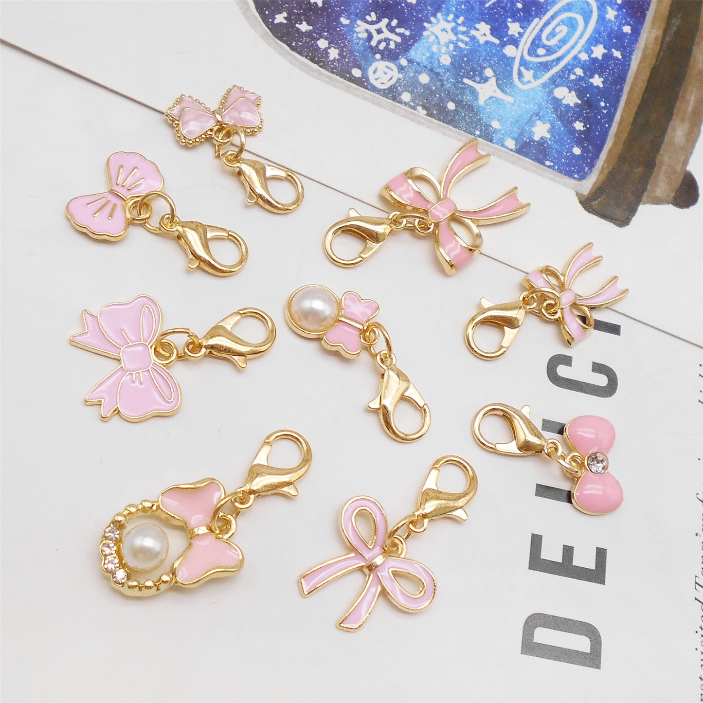 9pcs Pink Enamel Bowknot Charms with Lobster Clasp Alloy Bow Pendants with Faux Pearl & Crystal Rhinestone Necklace Bracelet Earring Making Accessories Shoe Charms Keyring Dangles Ladies Bag Purse Clothes Hanging Decor