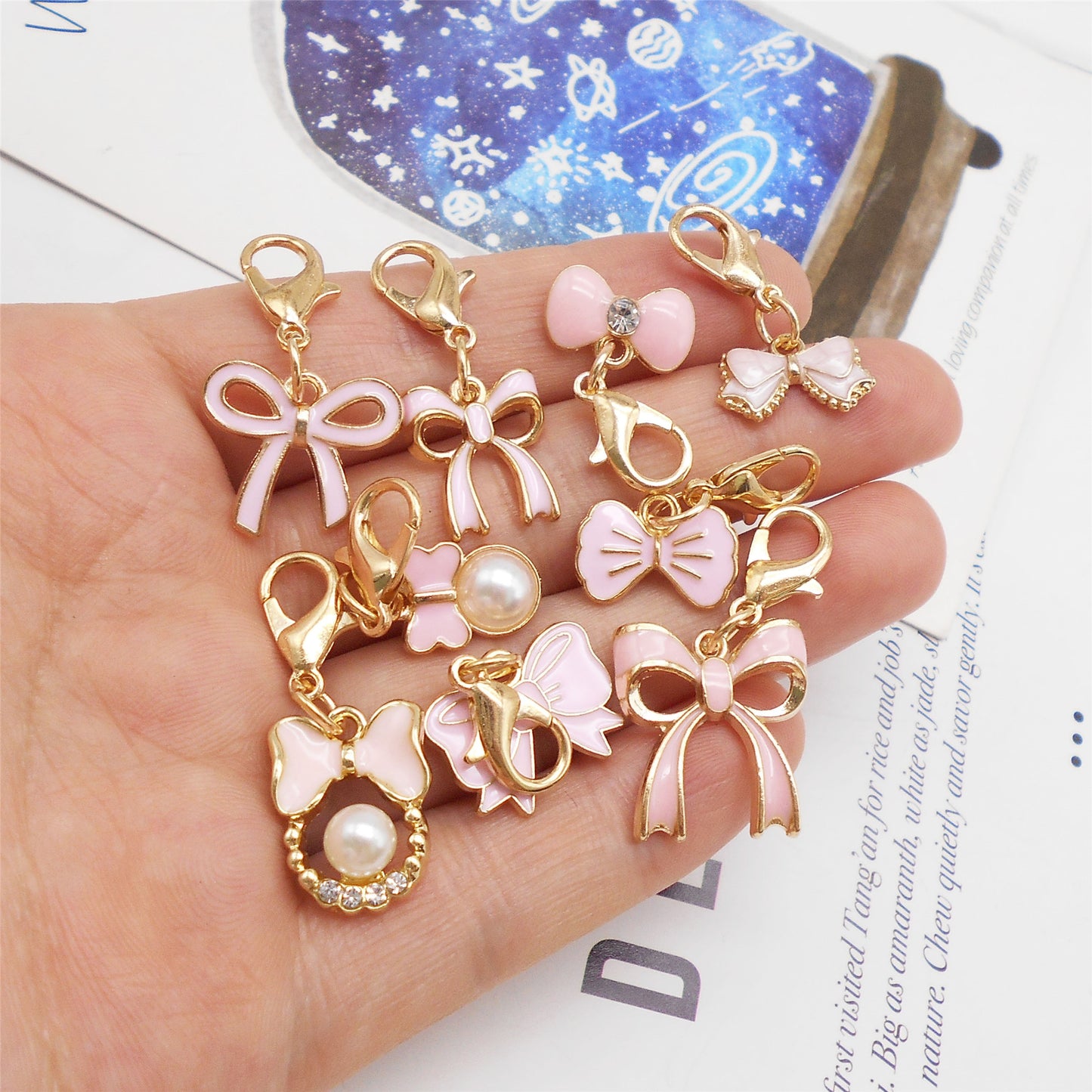9pcs Pink Enamel Bowknot Charms with Lobster Clasp Alloy Bow Pendants with Faux Pearl & Crystal Rhinestone Necklace Bracelet Earring Making Accessories Shoe Charms Keyring Dangles Ladies Bag Purse Clothes Hanging Decor
