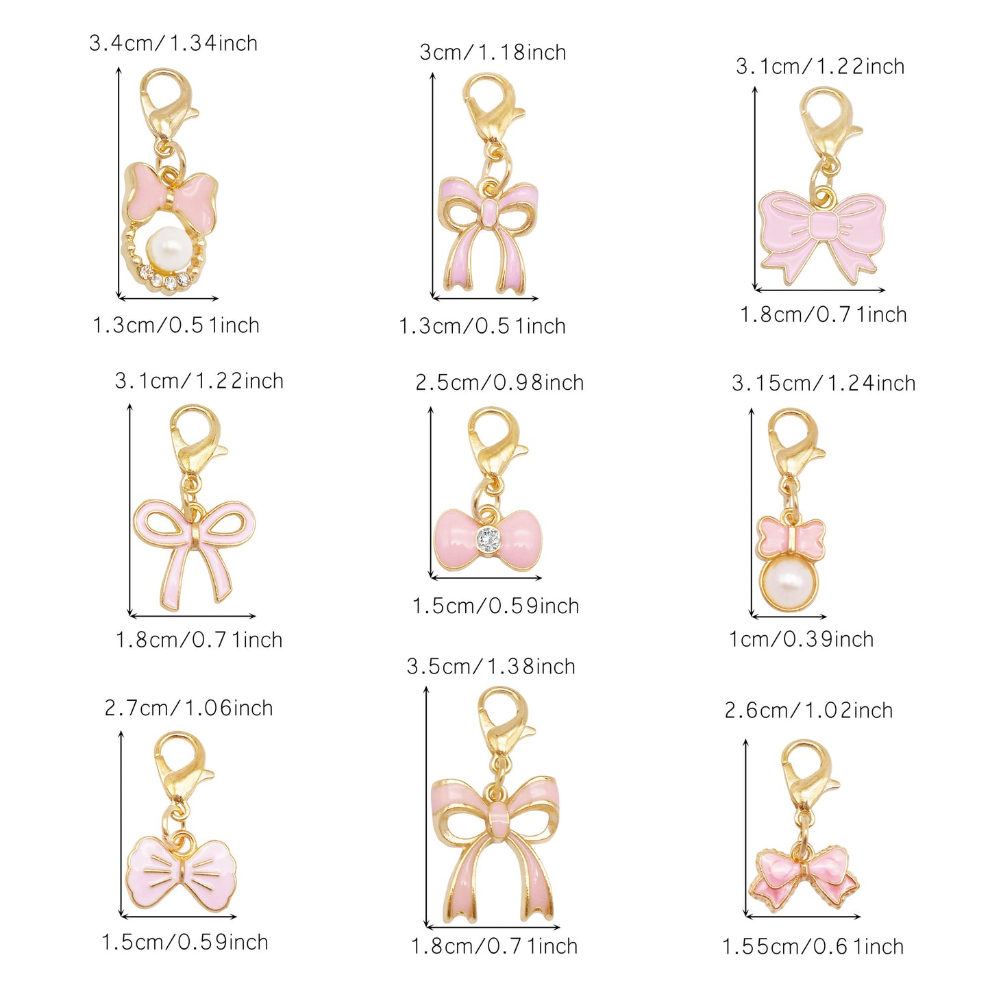 9pcs Pink Enamel Bowknot Charms with Lobster Clasp Alloy Bow Pendants with Faux Pearl & Crystal Rhinestone Necklace Bracelet Earring Making Accessories Shoe Charms Keyring Dangles Ladies Bag Purse Clothes Hanging Decor