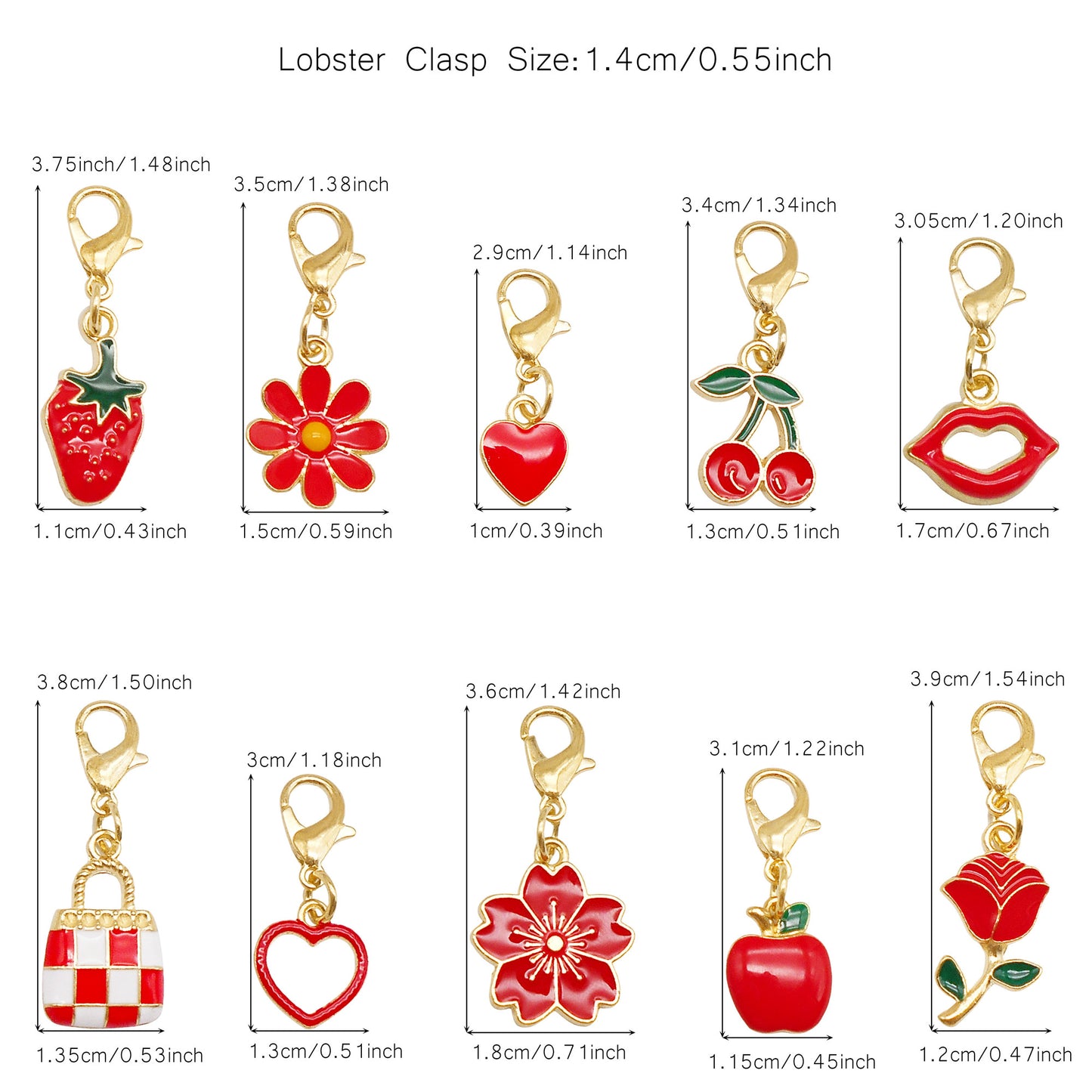 10pcs Handmade Alloy Enamel Flower Animal Fruit Heart Pendants with Lobster Clasp Cute Shoe Charms Jewelry Accessories Keychain Keyring Dangles Bags Purses Clothes Decor Hair Decoration