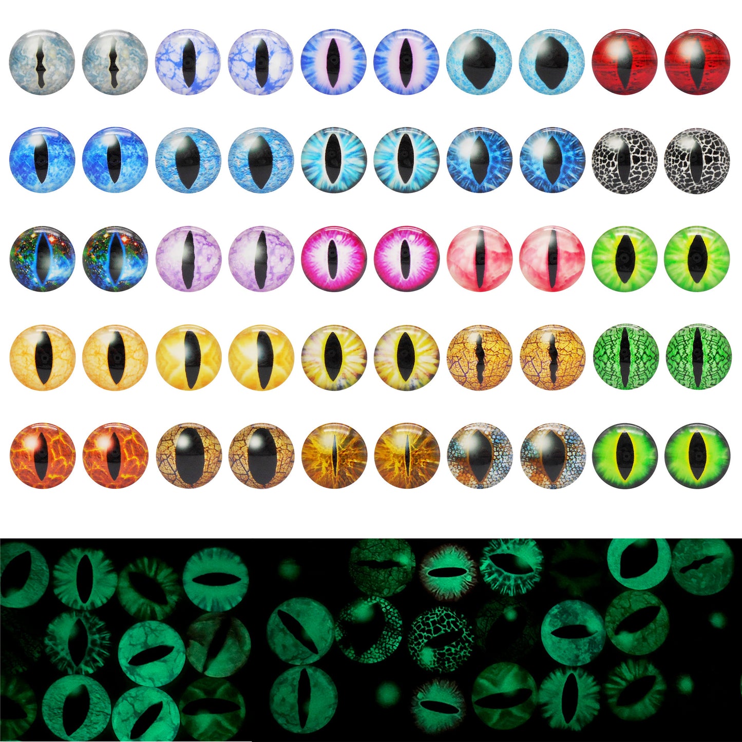 5 or 15 Pairs Glass Animal Eyes Glow in Dark Dragon Eye 12mm 25mm 30mm Flat Back Scrapbook Cabochons Vertical Pupil Luminous Cat Lizard Frog Eyes DIY Making Accessories