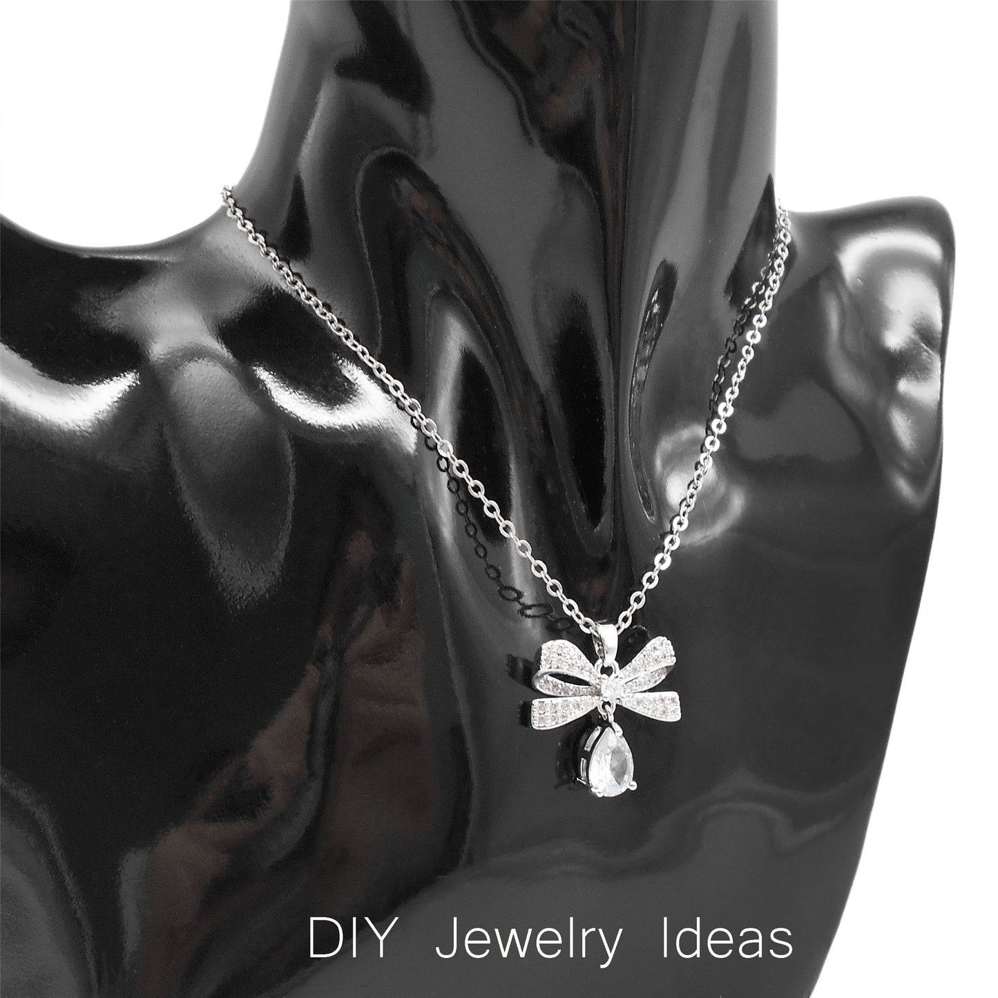 1 Piece 24x22m White Gold Bow Charms with Teardrop Crystal Dangle, Dazzling Full Rhinestone Bowknot Pendants Copper Accessories for Jewelry Making Necklace Bracelet Earrings Decor