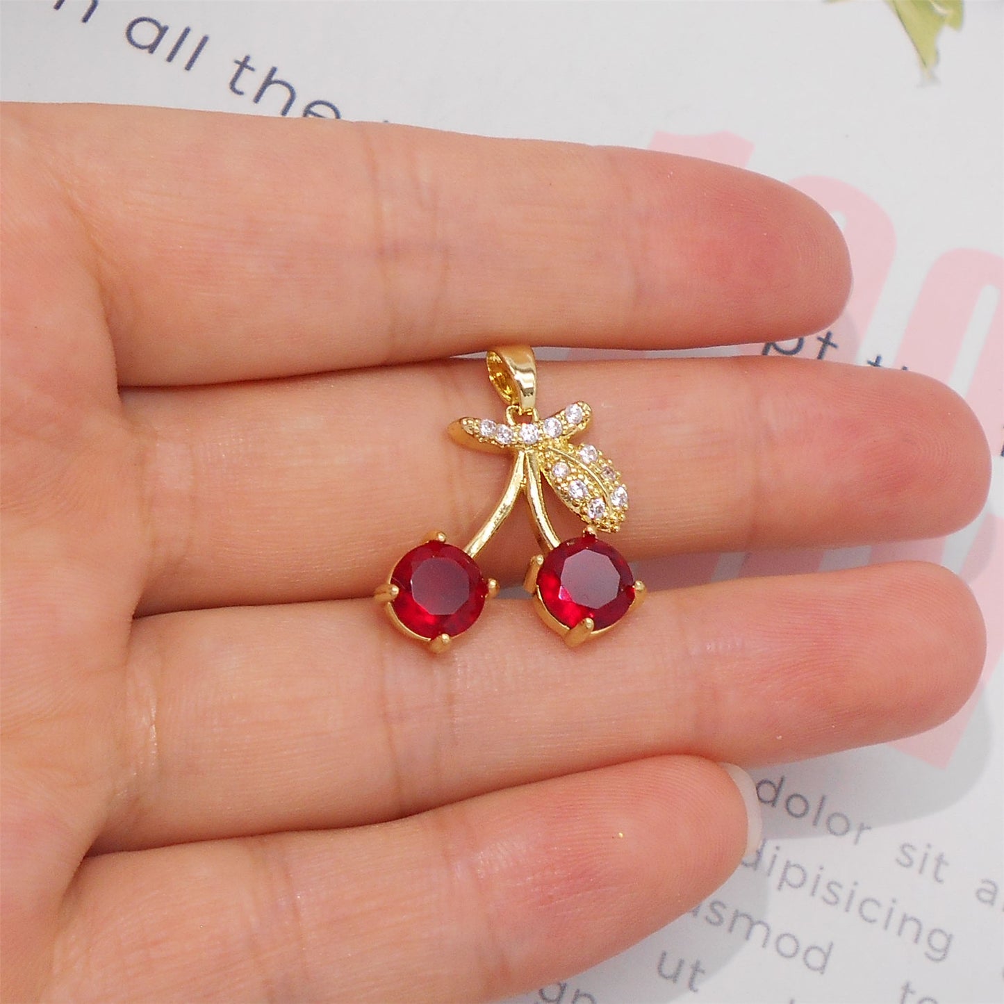 1 Piece 24x18mm Delicate Red Crystal Zircon Cherry Charms with Rhinestones Golden Leaf, Copper 3D Fruit Pendant for DIY Jewelry Making Accessories Crafts Decor