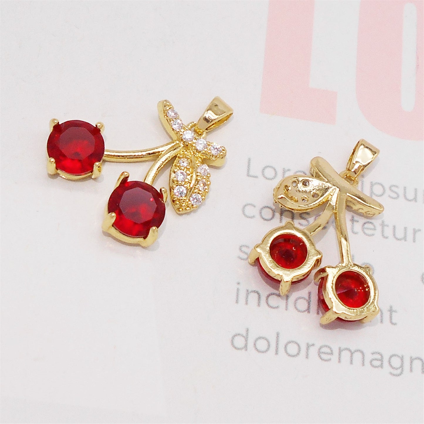 1 Piece 24x18mm Delicate Red Crystal Zircon Cherry Charms with Rhinestones Golden Leaf, Copper 3D Fruit Pendant for DIY Jewelry Making Accessories Crafts Decor