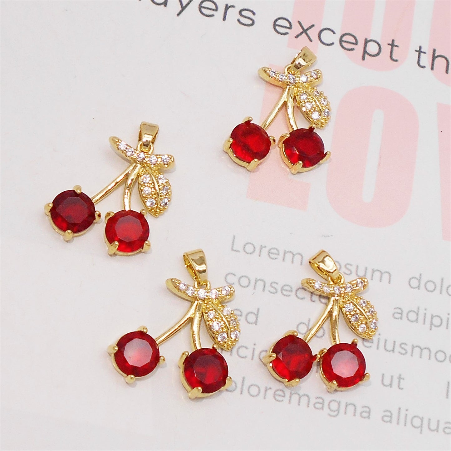 1 Piece 24x18mm Delicate Red Crystal Zircon Cherry Charms with Rhinestones Golden Leaf, Copper 3D Fruit Pendant for DIY Jewelry Making Accessories Crafts Decor