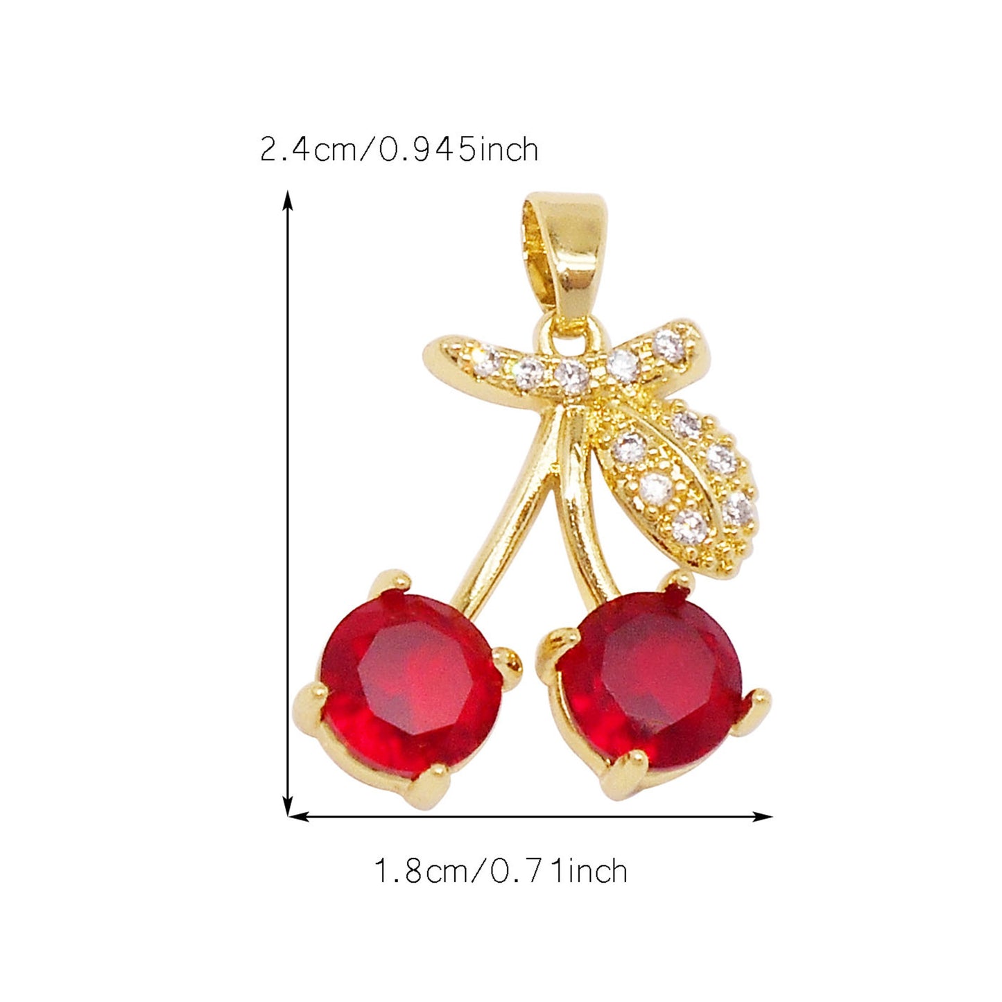 1 Piece 24x18mm Delicate Red Crystal Zircon Cherry Charms with Rhinestones Golden Leaf, Copper 3D Fruit Pendant for DIY Jewelry Making Accessories Crafts Decor