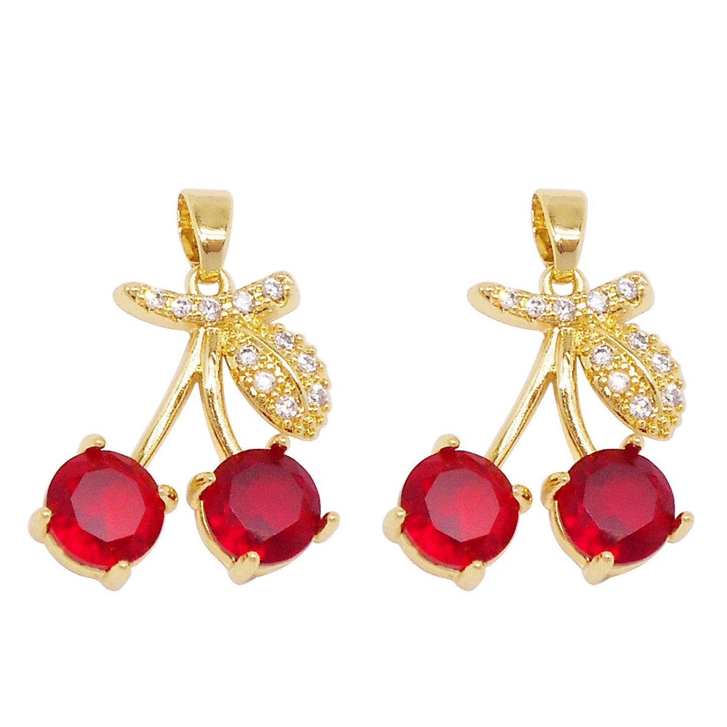 1 Piece 24x18mm Delicate Red Crystal Zircon Cherry Charms with Rhinestones Golden Leaf, Copper 3D Fruit Pendant for DIY Jewelry Making Accessories Crafts Decor