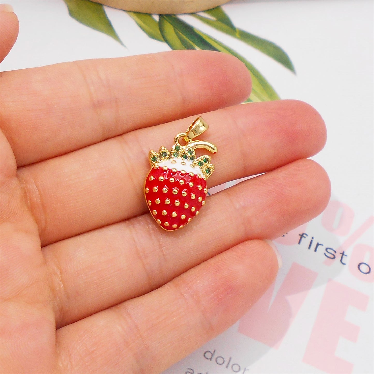 1 Piece 25x14mm Copper Red Enamel Strawberry Charms with Green Crystal Rhinestone Leaf, Delicate 3D Fruit Pendants for DIY Jewelry Making Supplies Crafts Decor Keychain Keyring Decoration