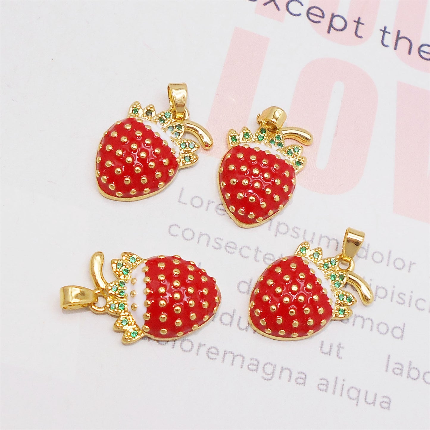 1 Piece 25x14mm Copper Red Enamel Strawberry Charms with Green Crystal Rhinestone Leaf, Delicate 3D Fruit Pendants for DIY Jewelry Making Supplies Crafts Decor Keychain Keyring Decoration