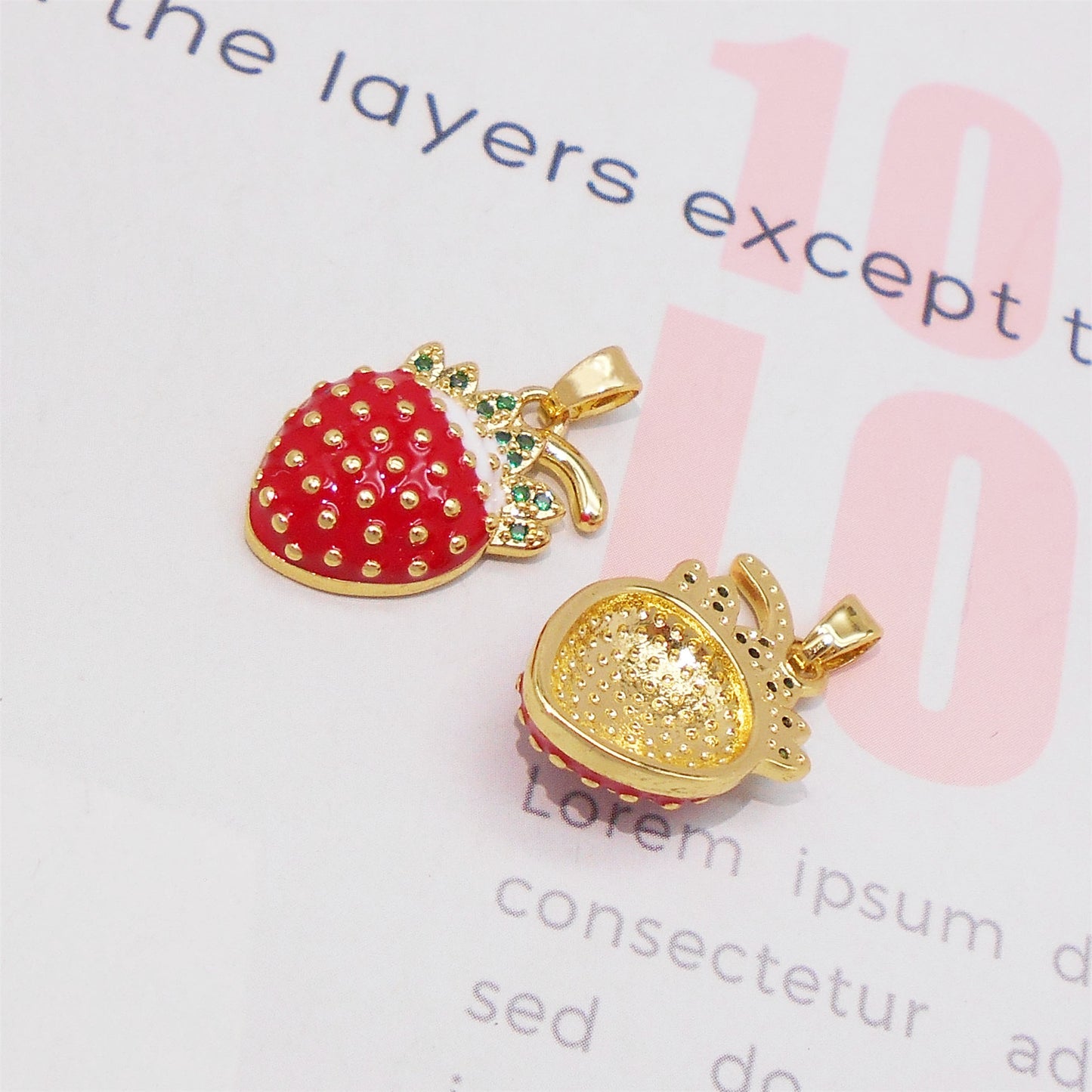 1 Piece 25x14mm Copper Red Enamel Strawberry Charms with Green Crystal Rhinestone Leaf, Delicate 3D Fruit Pendants for DIY Jewelry Making Supplies Crafts Decor Keychain Keyring Decoration