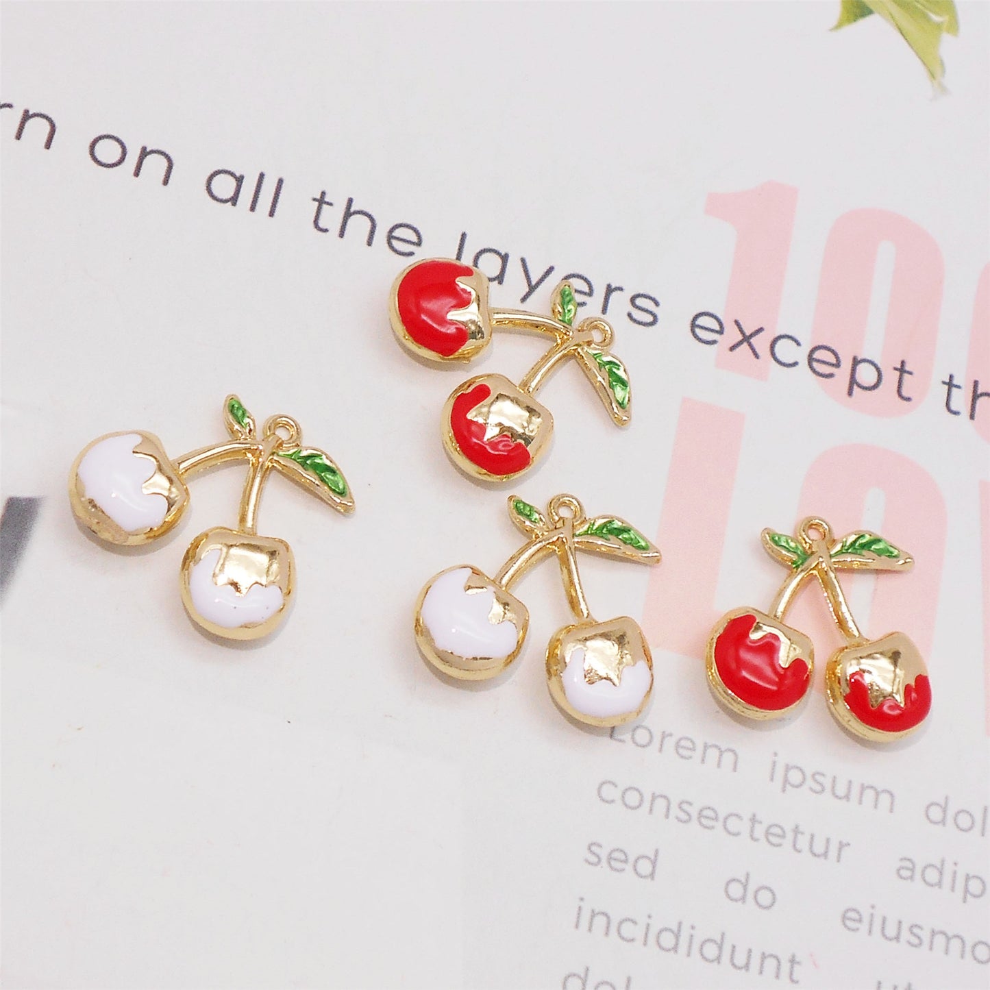 2PCS 21.5x22mm Red & White Enamel Cherry Charms Gold-Toned Alloy 3D Fruit Cherry Pendants Jewelry Making Accessories for Necklace Bracelet Earrings Decor, DIY Crafts Supplies