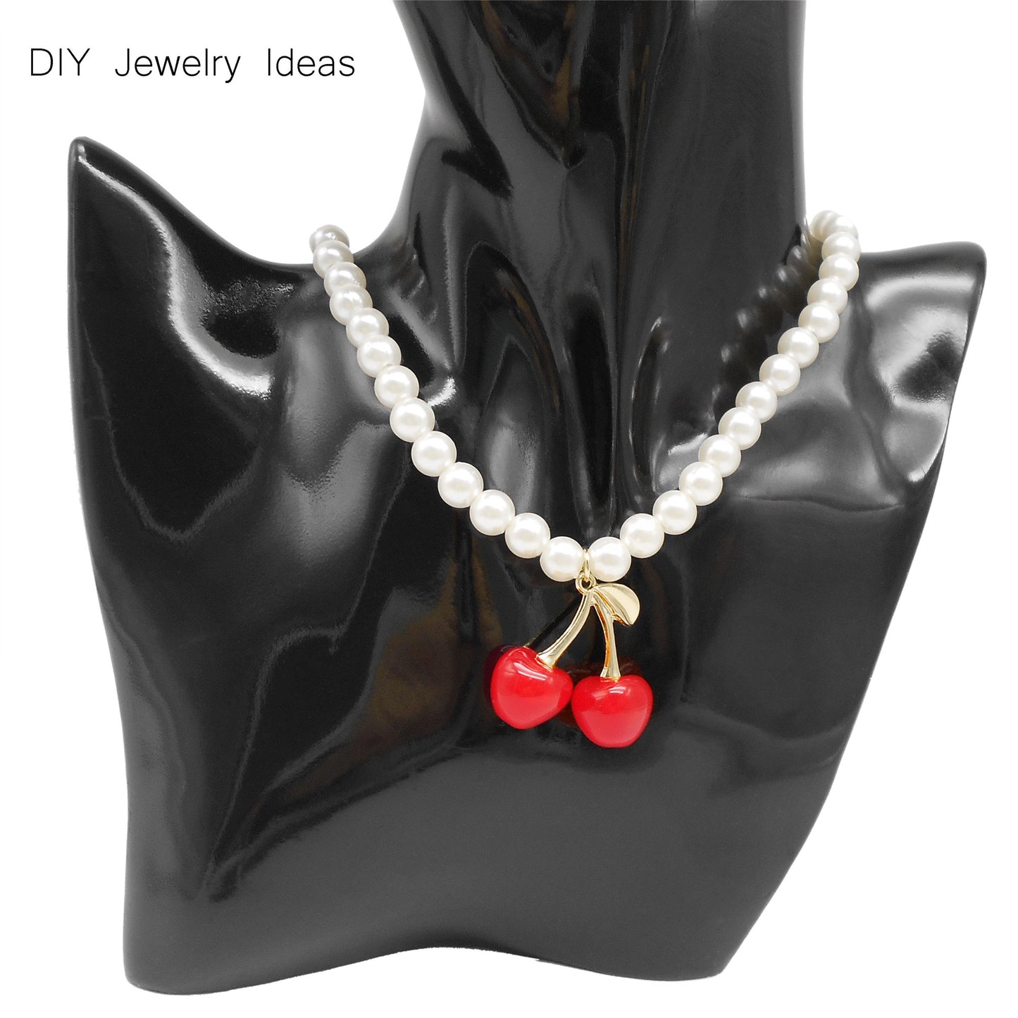 2PCS 29.5x30mm Red Plastic Cherry Charms with Gold Alloy Leaf 3D Cherry Fruit Pendants for Diy Necklace Bracelet Earring Making Accessories Keychain Decor