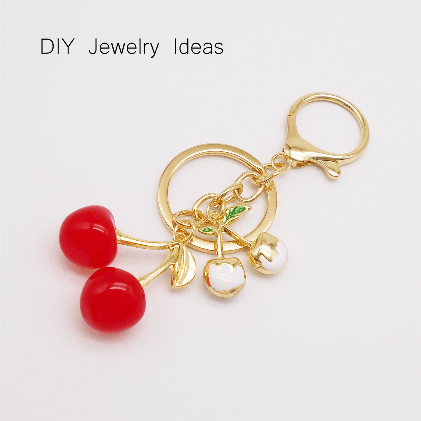 2PCS 29.5x30mm Red Plastic Cherry Charms with Gold Alloy Leaf 3D Cherry Fruit Pendants for Diy Necklace Bracelet Earring Making Accessories Keychain Decor