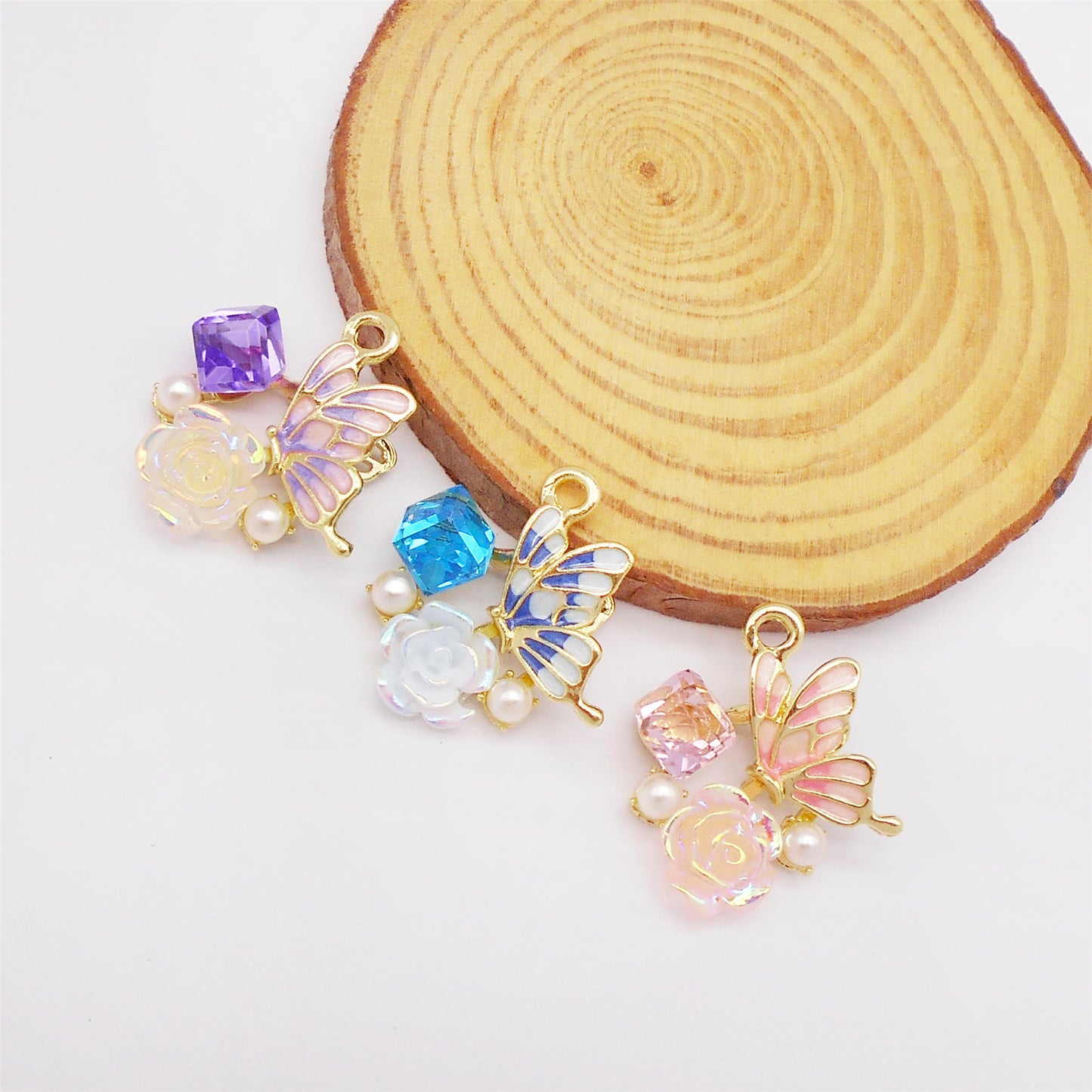 3Pcs Camellia Charm with Faux Pearl Crystal Rhinestone Butterfly Gathering Flowers Pendant Enamel Alloy Jewelry Making Accessory DIY Crafts Decor 23.5x22.5mm