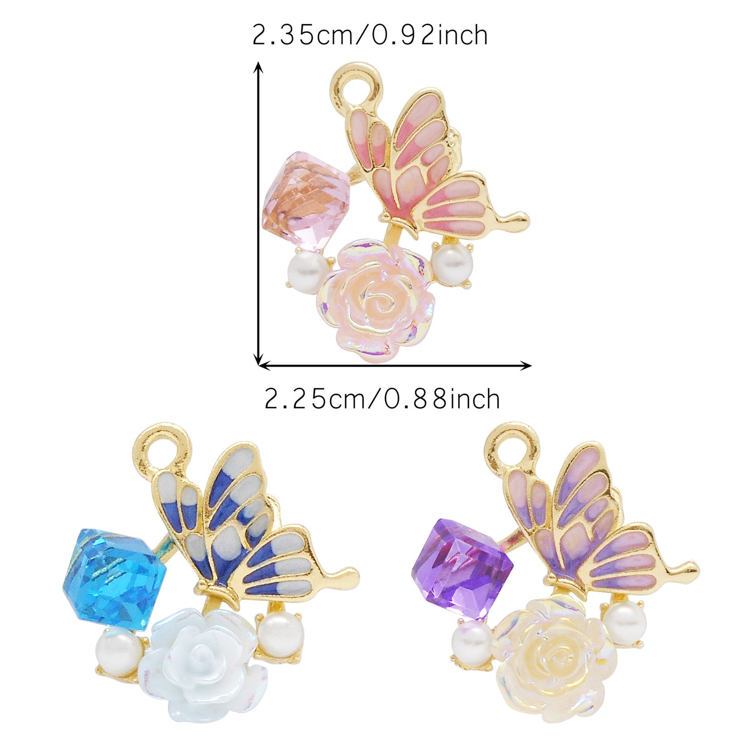 3Pcs Camellia Charm with Faux Pearl Crystal Rhinestone Butterfly Gathering Flowers Pendant Enamel Alloy Jewelry Making Accessory DIY Crafts Decor 23.5x22.5mm
