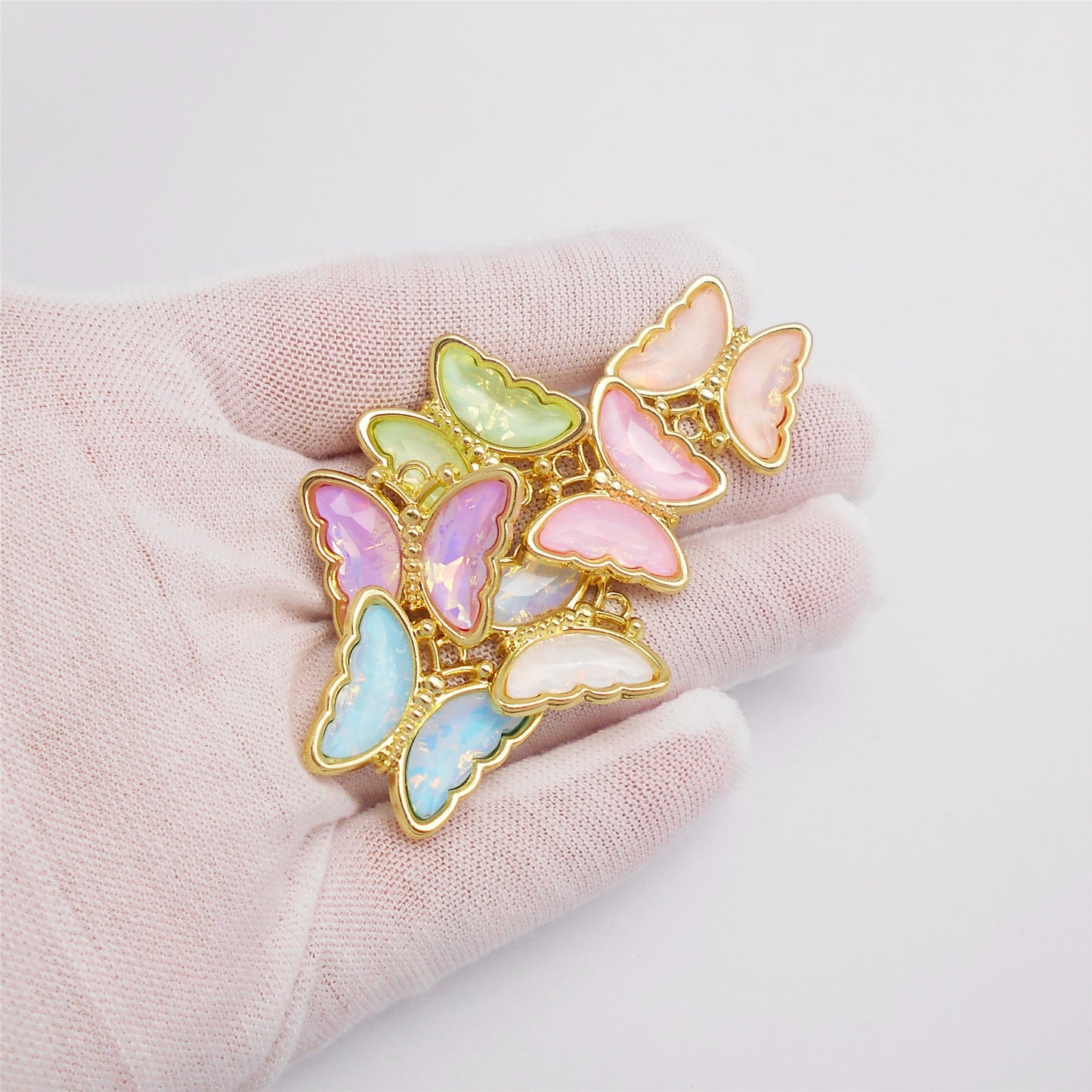 6Pcs Pearlescent Butterfly Charm with Crystal Rhinestone Gold Color Border Insect Design Alloy Pendant DIY Jewelry Making Accessory 19x23mm