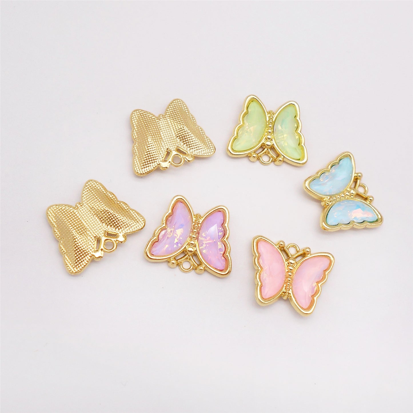 6Pcs Pearlescent Butterfly Charm with Crystal Rhinestone Gold Color Border Insect Design Alloy Pendant DIY Jewelry Making Accessory 19x23mm