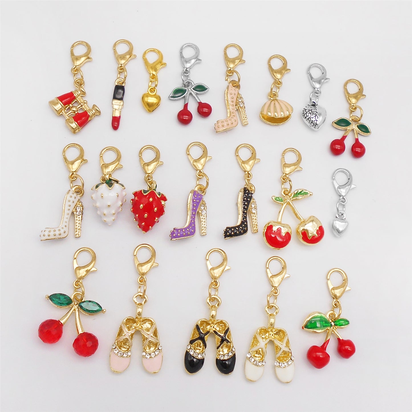 Multi-Style Alloy Dangle Charm with Lobster Clasp-Cherry&Strawberry&Heart&Shoes Design Pendant-DIY Jewelry Making Supplies Purses Bags Shoes Hanging Decor