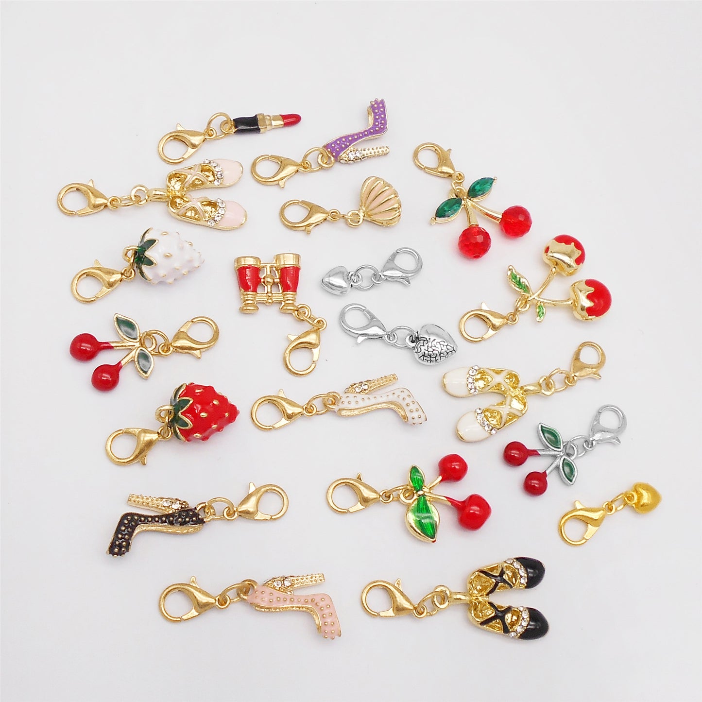 Multi-Style Alloy Dangle Charm with Lobster Clasp-Cherry&Strawberry&Heart&Shoes Design Pendant-DIY Jewelry Making Supplies Purses Bags Shoes Hanging Decor