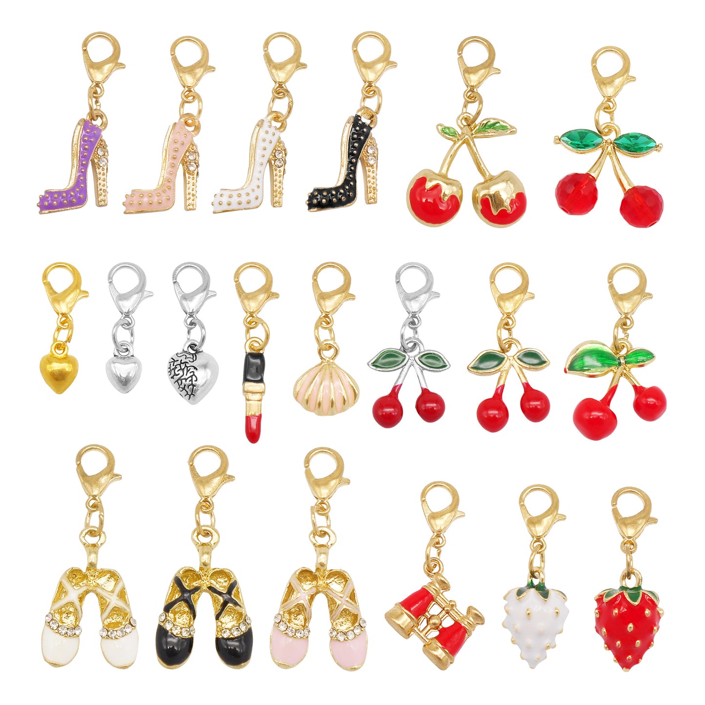 Multi-Style Alloy Dangle Charm with Lobster Clasp-Cherry&Strawberry&Heart&Shoes Design Pendant-DIY Jewelry Making Supplies Purses Bags Shoes Hanging Decor