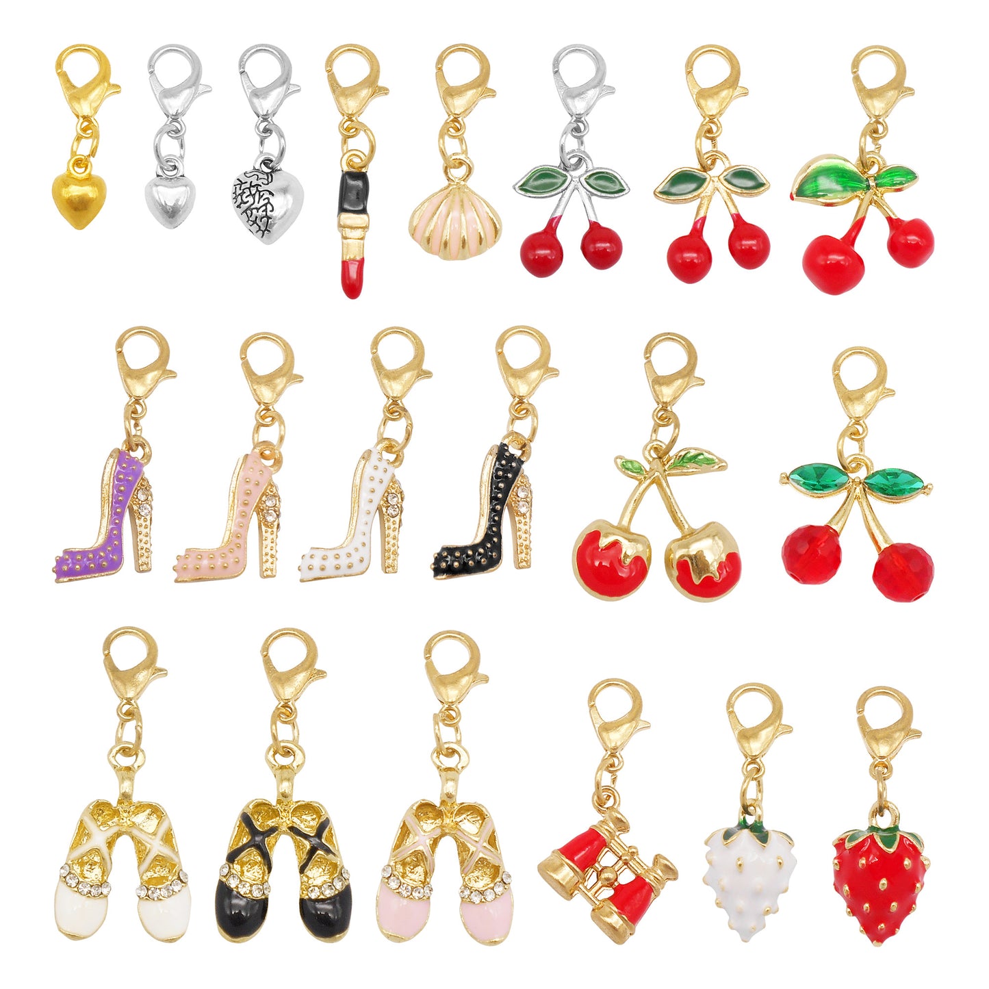 Multi-Style Alloy Dangle Charm with Lobster Clasp-Cherry&Strawberry&Heart&Shoes Design Pendant-DIY Jewelry Making Supplies Purses Bags Shoes Hanging Decor