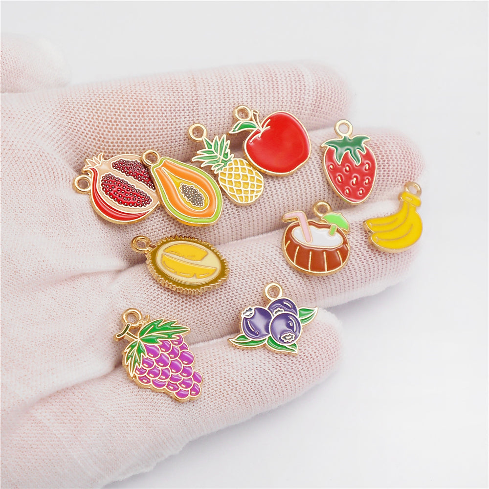 10pcs Enamel Fruit Charm Apple Grape Strawberry Shape Pendant Alloy Imitation Fruit Charm for Necklace Bracelet Crafts Decor, Jewelry Making Supplies