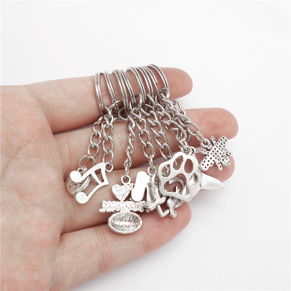 10Pcs Retro Silver Dangle Pendant with Conncetor Loop - Alloy Keyring Heart Star Moon Shape Charm Handmade Keychain for Car Key & Bag Decoration