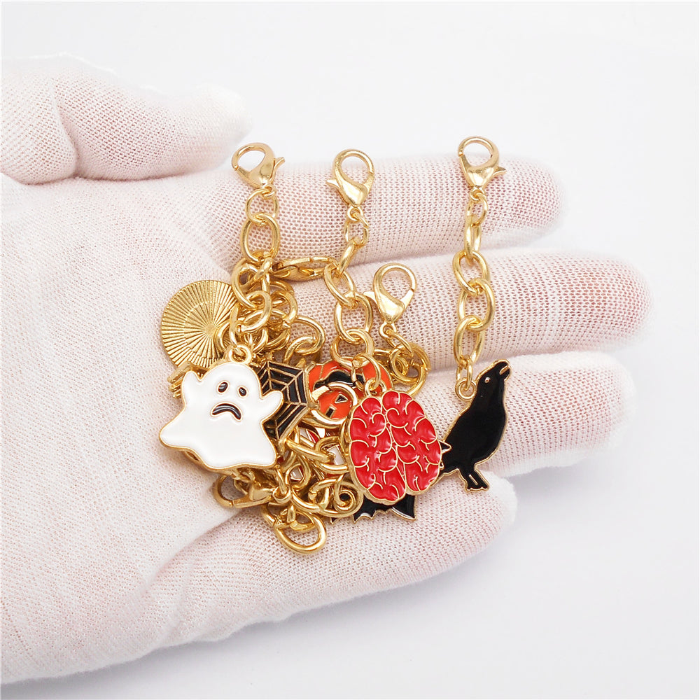 10Pcs Halloween Dangle Charm with Lobster Clasp - Alloy Keychain Bat Ghost Spider Shape Pendant for Bag Decoration DIY Jewelry Earrings Supplies