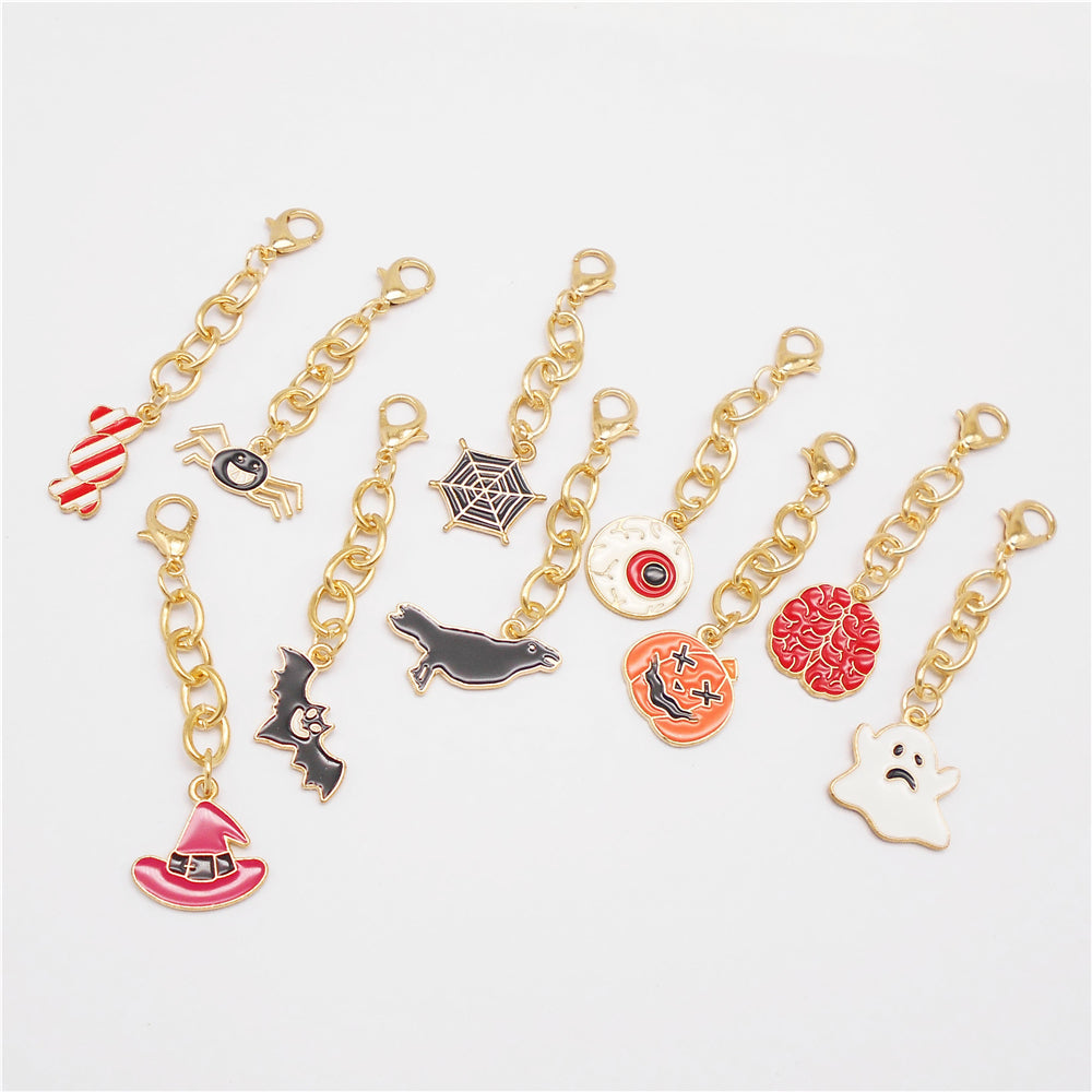 10Pcs Halloween Dangle Charm with Lobster Clasp - Alloy Keychain Bat Ghost Spider Shape Pendant for Bag Decoration DIY Jewelry Earrings Supplies