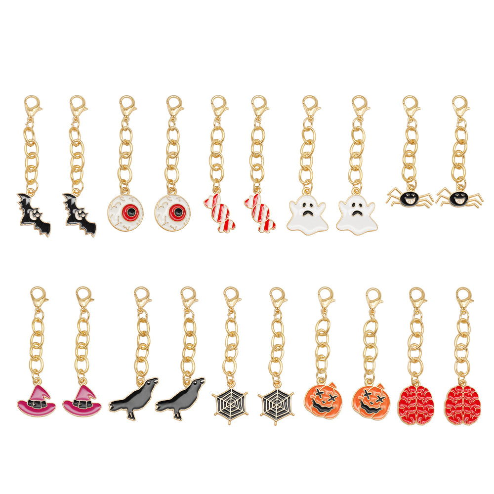 10Pcs Halloween Dangle Charm with Lobster Clasp - Alloy Keychain Bat Ghost Spider Shape Pendant for Bag Decoration DIY Jewelry Earrings Supplies