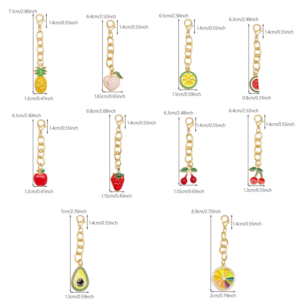 10Pcs Enamel Fruit Charm with Hanging Chain - Keychain Metal Accessory Clip on Pendant for Bag Key Phone Case Decor, Jewelry Making Supplies