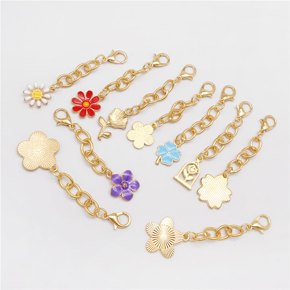 10Pcs Flower Pendant on Chain Enamel Floral Chain with Hanging Chain for Bag Key Purse Decor, DIY Jewelry Supplies