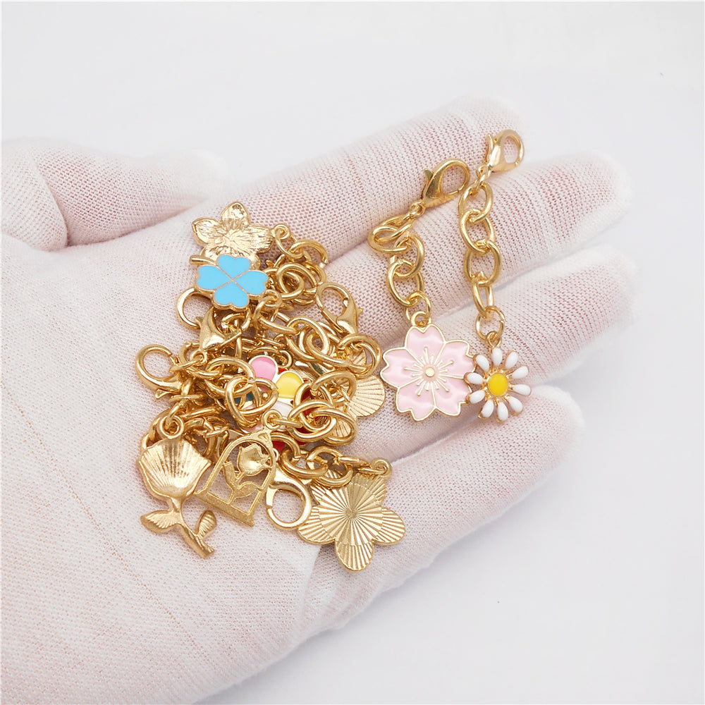 10Pcs Flower Pendant on Chain Enamel Floral Chain with Hanging Chain for Bag Key Purse Decor, DIY Jewelry Supplies