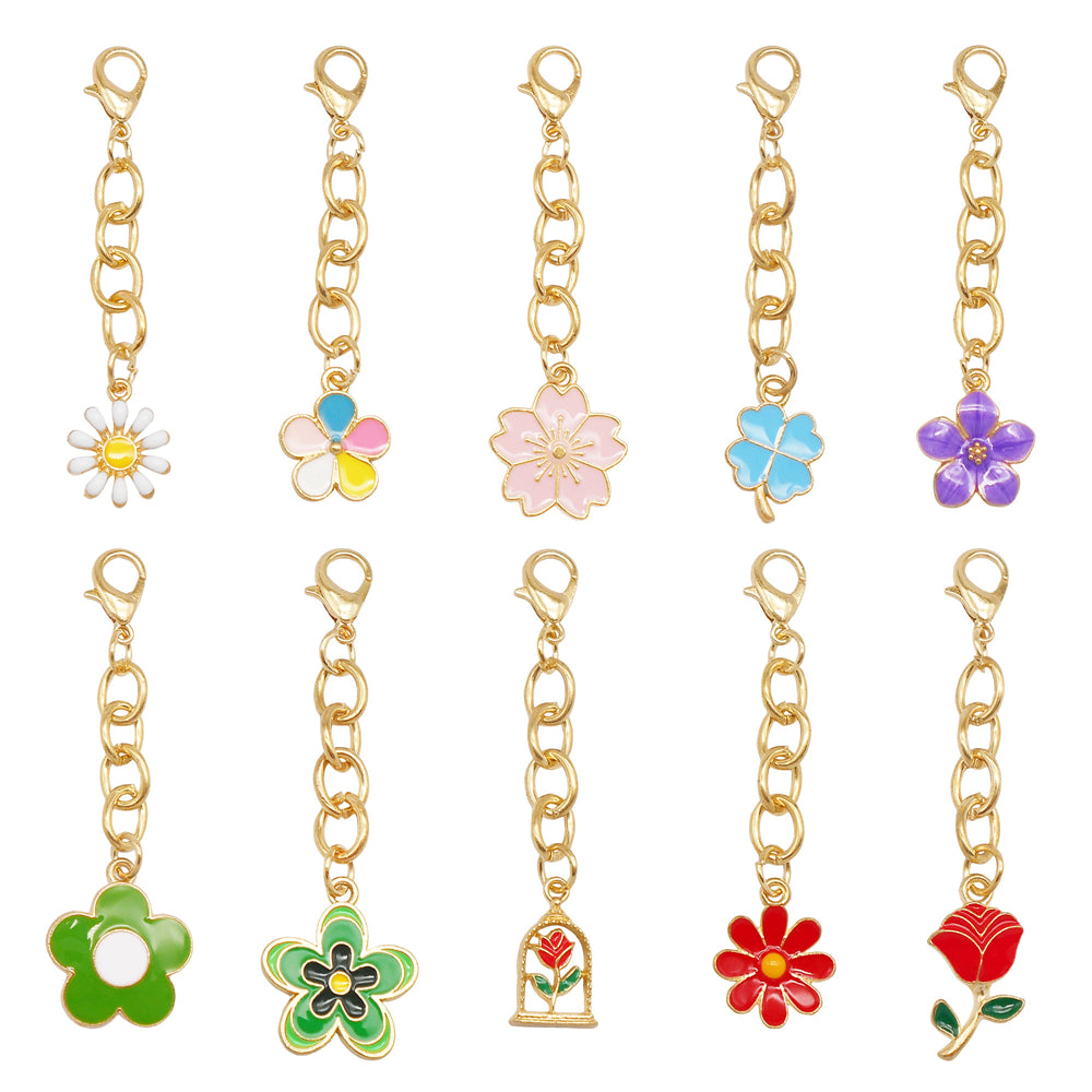 10Pcs Flower Pendant on Chain Enamel Floral Chain with Hanging Chain for Bag Key Purse Decor, DIY Jewelry Supplies