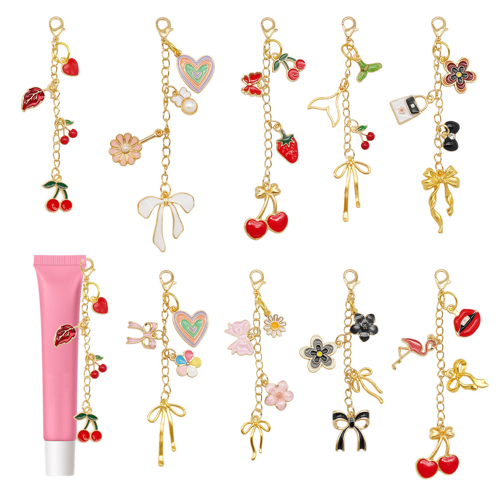 6/9Pcs Lip Balm Charm with Cute Flower Marine Life Cherry Dangle Metal Lip Gloss Keychain for Key Bag Purse Hanging Decor