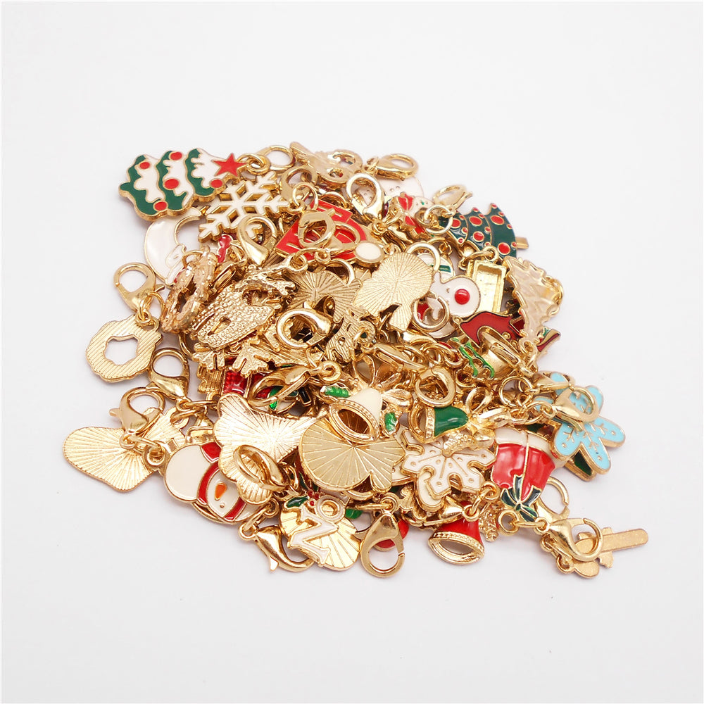 10Pcs Christmas Enamel Charms with Lobster Clasp - Metal Pendant Jewelry DIY Accessories, Bag Keychain Hanging Decor, Festival Decoration