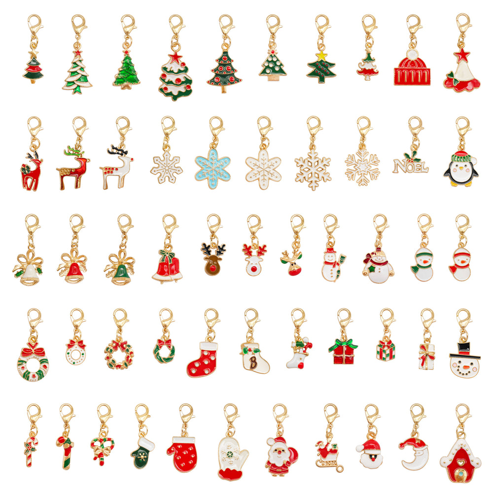 10Pcs Christmas Enamel Charms with Lobster Clasp - Metal Pendant Jewelry DIY Accessories, Bag Keychain Hanging Decor, Festival Decoration
