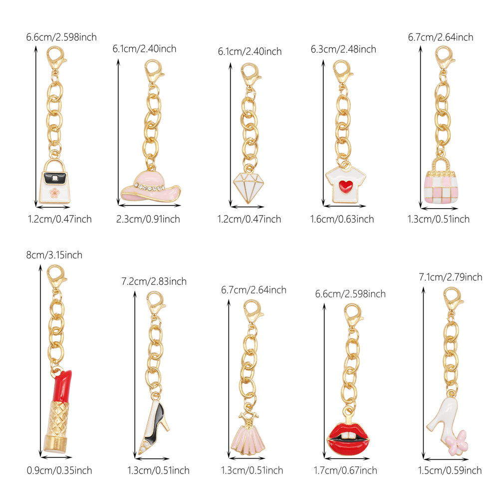 10Pcs Enamel Charm on Chain Metal Hat Skirt Shaped Pendant with Lobster Clasp for Bag Key Hanging Decor, Phone Case Charm DIY Supplies