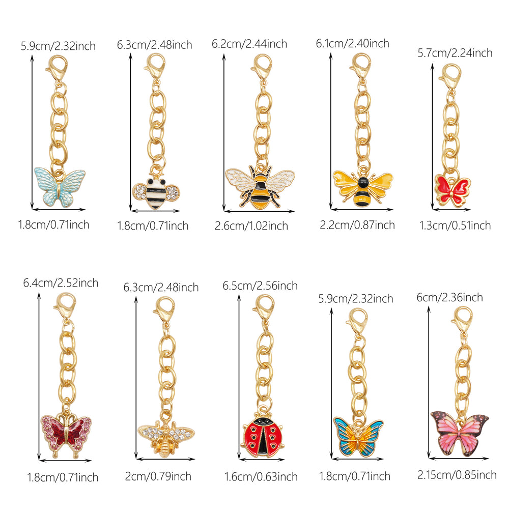 10PCS Metal Insect Charm with Hanging Chain - Bee Butterfly Shpaed Pendant Clip-on Pendant for Bag Purse Key Decor, Keychain Phone Chain Making Accessories