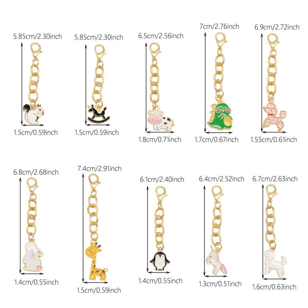 10Pcs Enamel Cute Animal Dog Rabbit Charm with Hanging Chain Metal Clip-on Pendant for Bag Purse Decor, DIY Keychain Jewelry Accessories