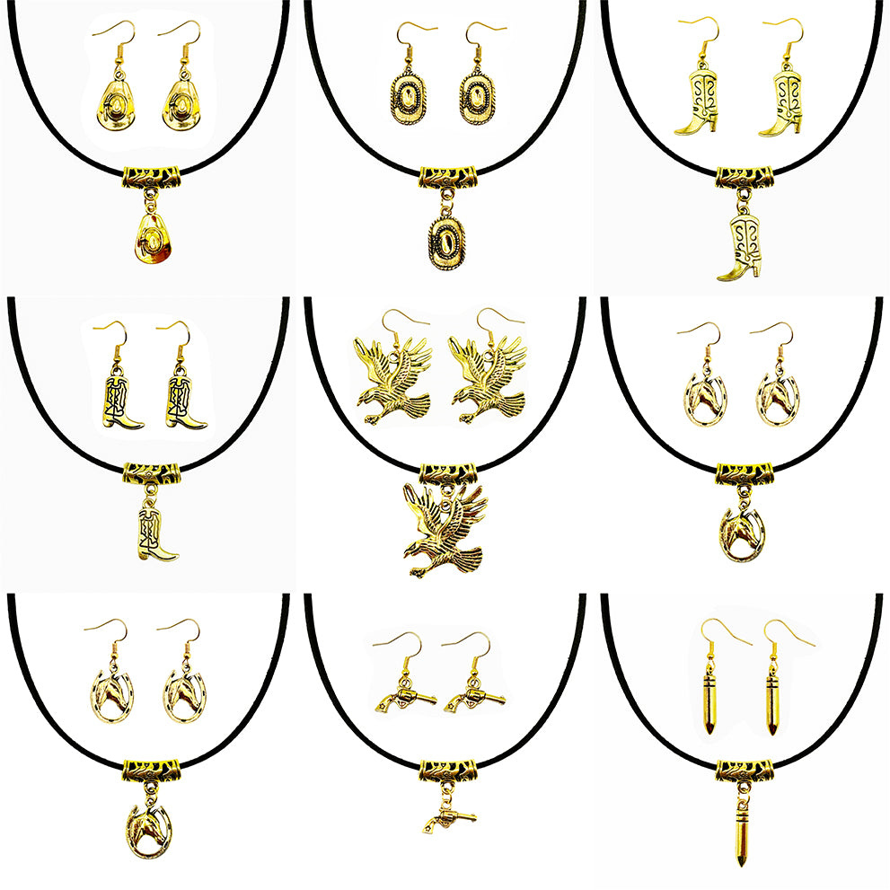 1 Set Retro Gold Color Alloy Western Cowboy Style Necklace & Earring, Hats Eagles Gun Shaped Jewelry, Cowgirl Daily Decoration Women Ladies Gifts